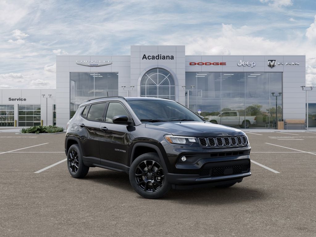 2026 Jeep Compass Latitude in Diamond Black Crystal Pearl-Coat Exterior Paint — front three-quarter view
